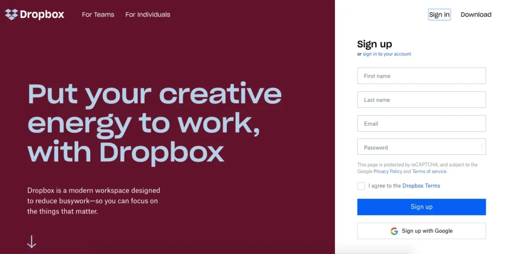 image of dropbox landing page with legal notices