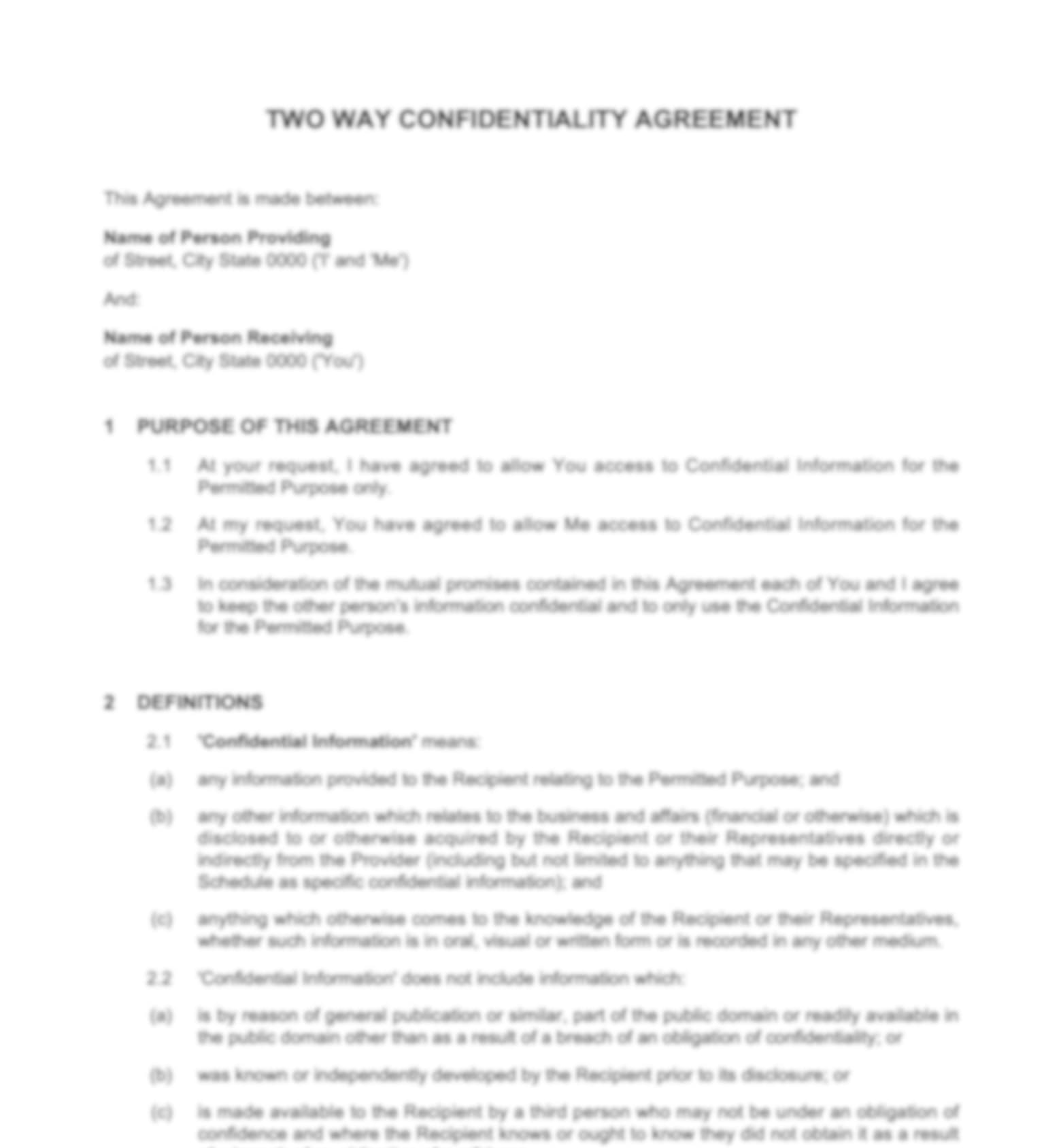 confidentiality agreement template sample sample page of legal123 two way confidentiality agreement template showing purpose and definitions sections