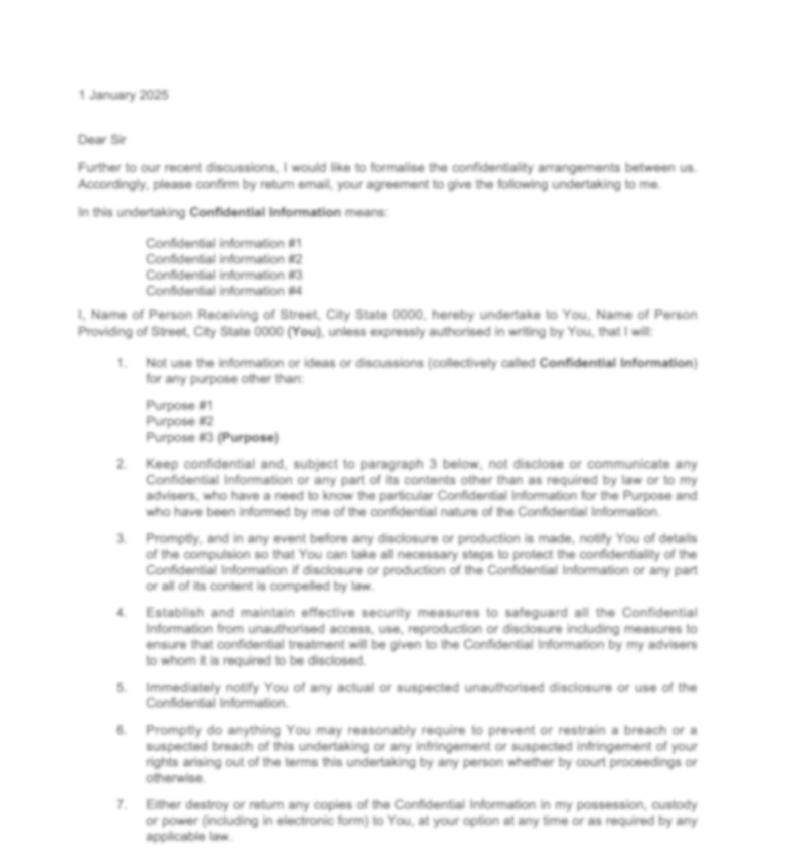 confidentiality letter template sample sample page of legal123 confidentiality letter template showing intro and clauses