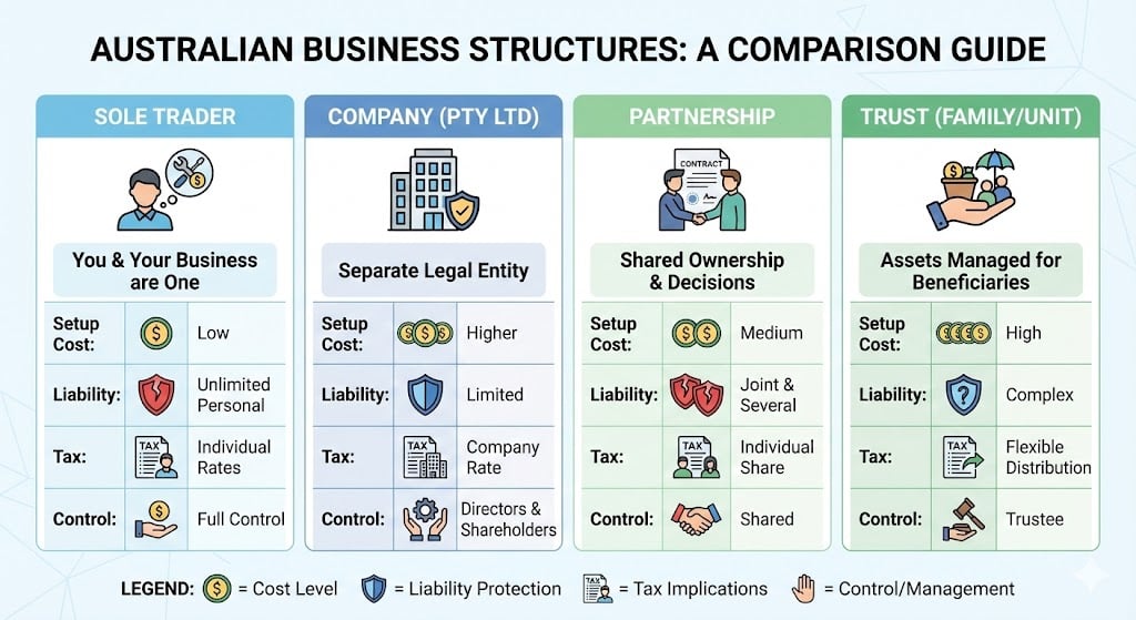 infographic comparing australian business structures: sole trader, pty ltd company, partnership, and trust. it contrasts their liability, tax efficiency, setup costs, and control, with a final recommendation for pty ltd for liability protection and tax flexibility