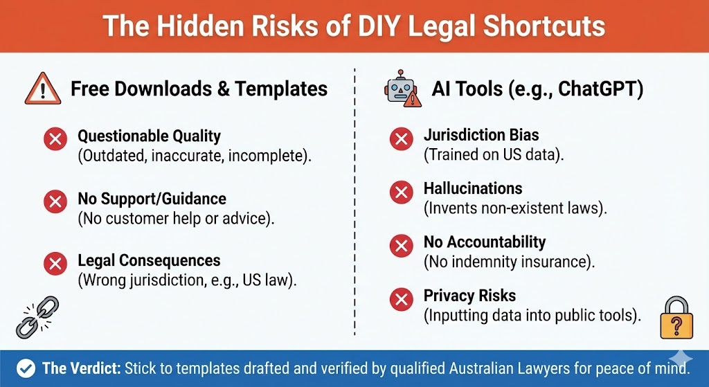 infographic titled "the hidden risks of diy legal shortcuts," comparing the dangers of using "free downloads & templates" (questionable quality, no support, legal consequences like wrong jurisdiction) with the risks of using "ai tools (e.g., chatgpt)" (jurisdiction bias, hallucinations, no accountability, privacy risks). the verdict at the bottom advises sticking to templates drafted by qualified australian lawyers.