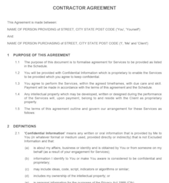 contractor agreement template australia – page 1 preview (blurred)
