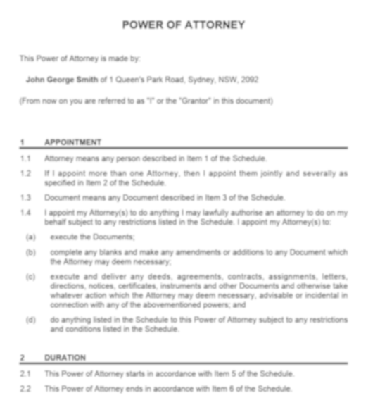sample legal123 power of attorney template showing appointment and duration sections