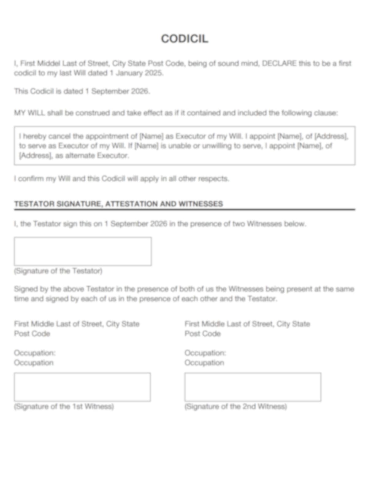 sample page from the legal123 codicil form used to amend an existing australian will, with the text blurred