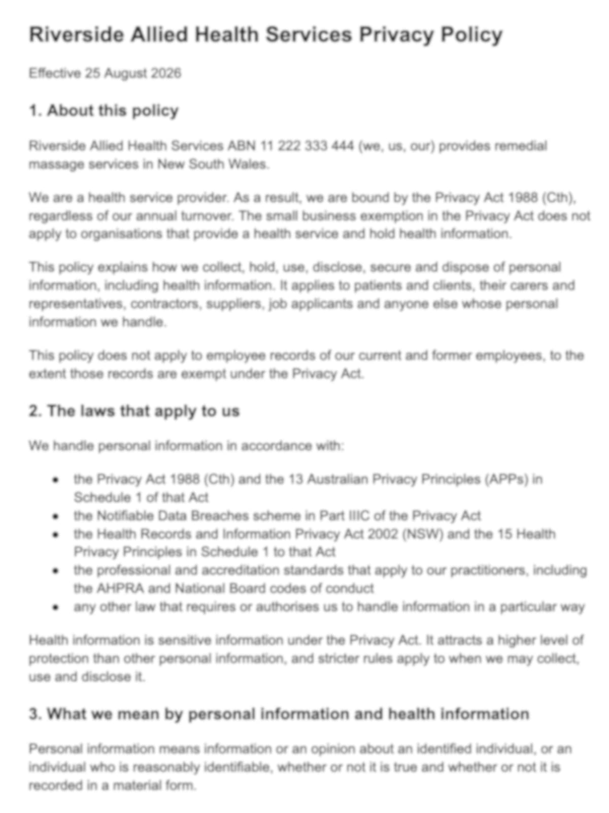 legal123 health practice privacy policy template sample page 1