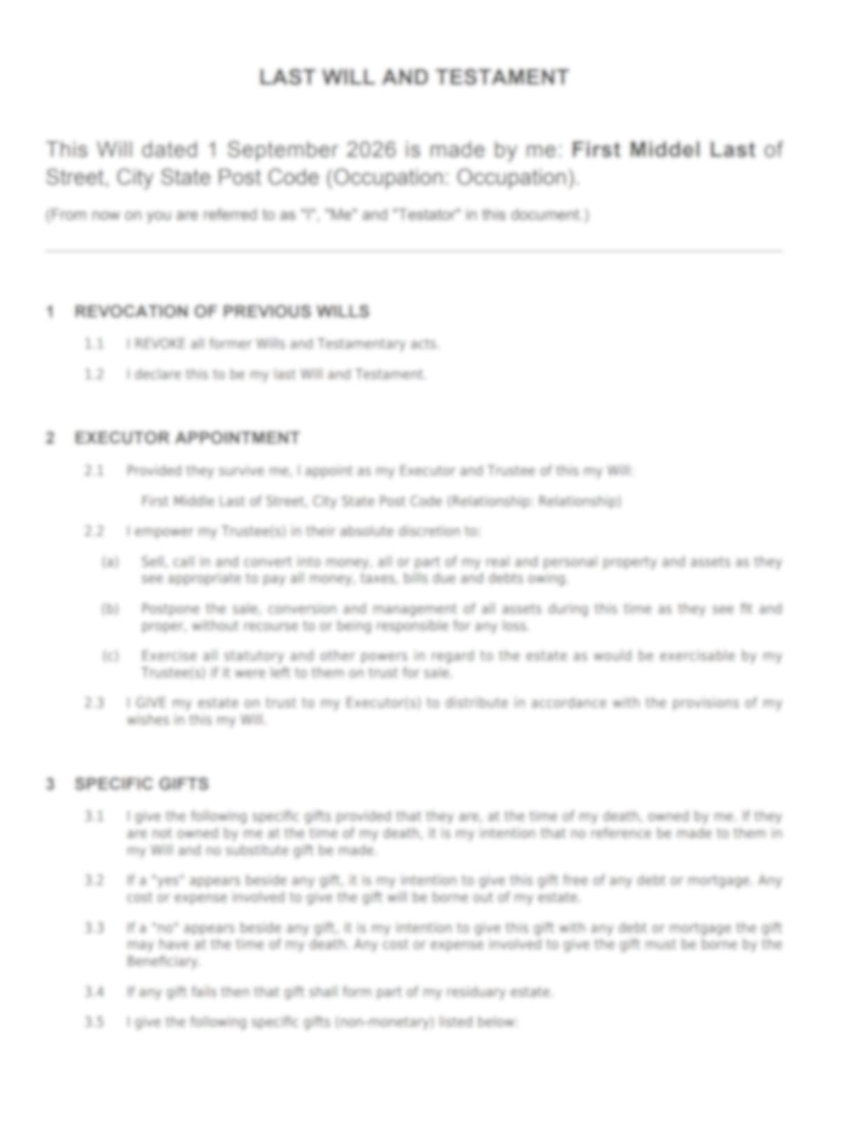 sample page from the legal123 online will kit showing a completed australian will with the text blurred